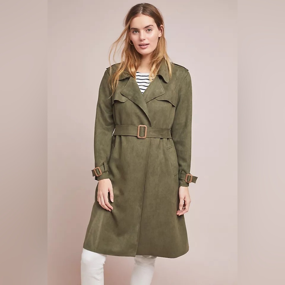 Anthropologie Harley Faux Suede Trench Coast Olive Green Small